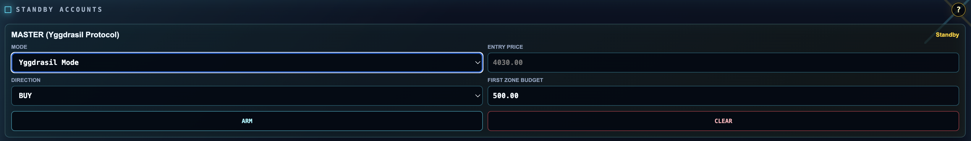 Akaun standby Shadow X yang dikonfigurasi dalam Yggdrasil Mode dengan kawalan arah, harga entry dan bajet zon pertama.